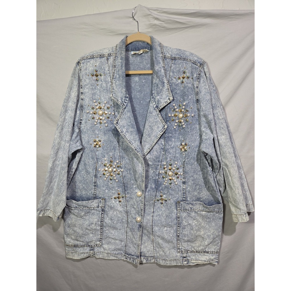 Y2K Monique Fashions Acid Wash Denim‎ Jacket 2XL Embellished Bejewled Gem Boho
